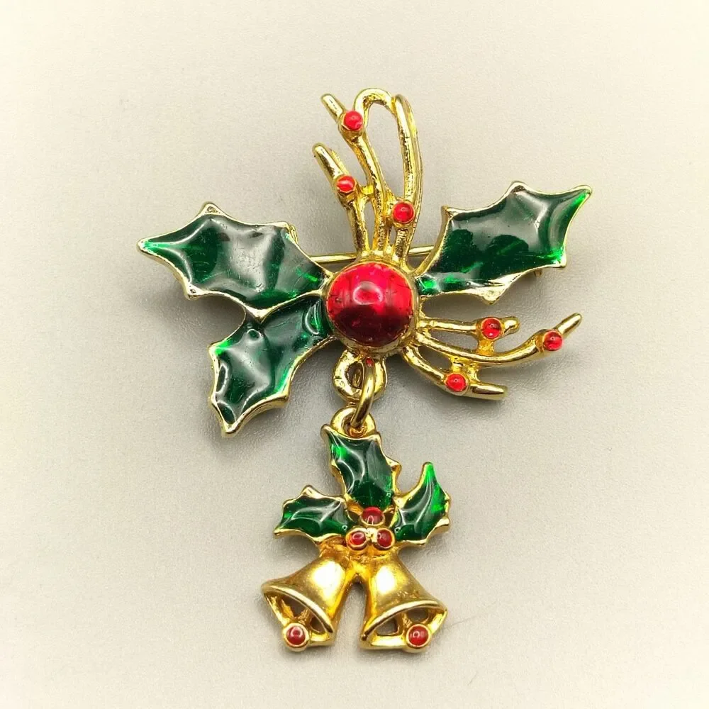Holly Berry Dangle Bells Pin Brooch Jeweled Gold Tone Enamel Vintage